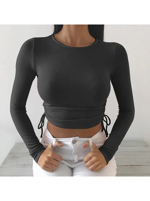 O-neck Long Sleeve Bodycon Cropped Tops Autumn Irregular Drawstring Bandage Knitted T-shirt