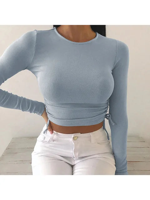 O-neck Long Sleeve Bodycon Cropped Tops Autumn Irregular Drawstring Bandage Knitted T-shirt