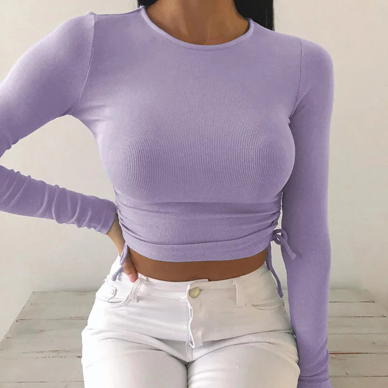 O-neck Long Sleeve Bodycon Cropped Tops Autumn Irregular Drawstring Bandage Knitted T-shirt