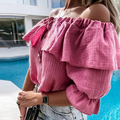 Off Shoulder Ruffles Blouse Shirts Color Lace-up Tops Pullovers Loose Blusa