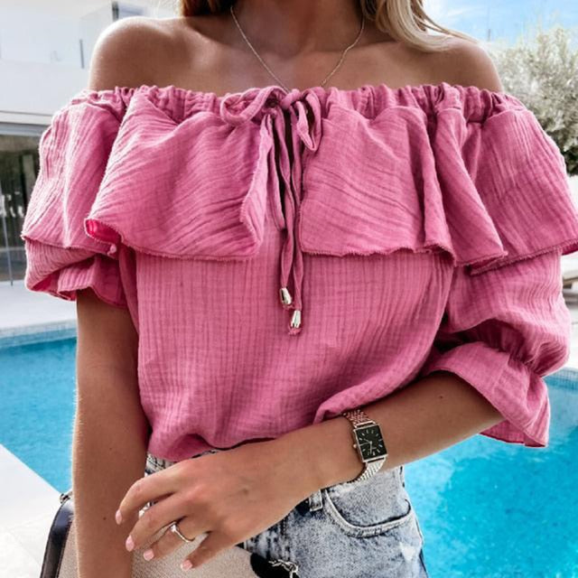 Off Shoulder Ruffles Blouse Shirts Color Lace-up Tops Pullovers Loose Blusa