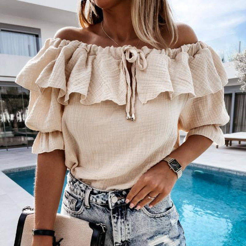 Off Shoulder Ruffles Blouse Shirts Color Lace-up Tops Pullovers Loose Blusa