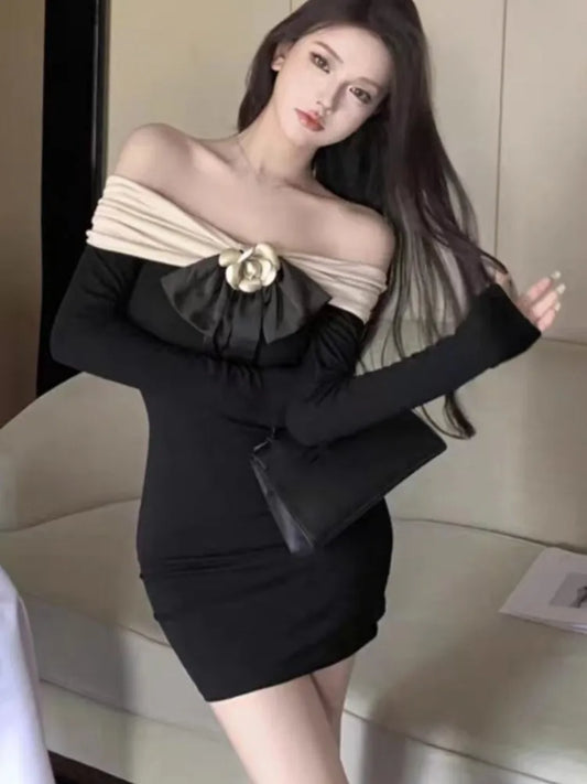 Patchwork Mini Dress Long Sleeves Slash Neck Bodycon Autumn Spring Evening Party Slim Warpped Hip Slim Vestidos Mujer
