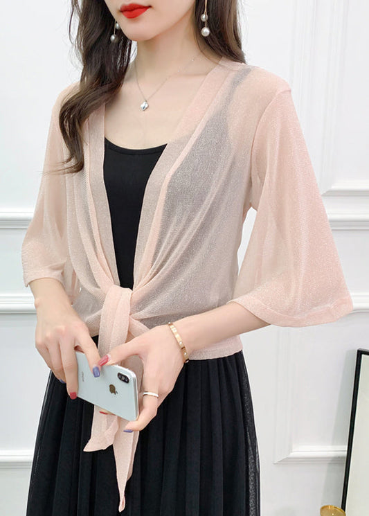 Pink Bright Silk Lace Up Tulle Cardigan Summer As1019