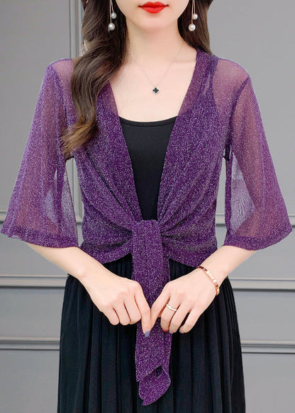 Pink Bright Silk Lace Up Tulle Cardigan Summer As1019