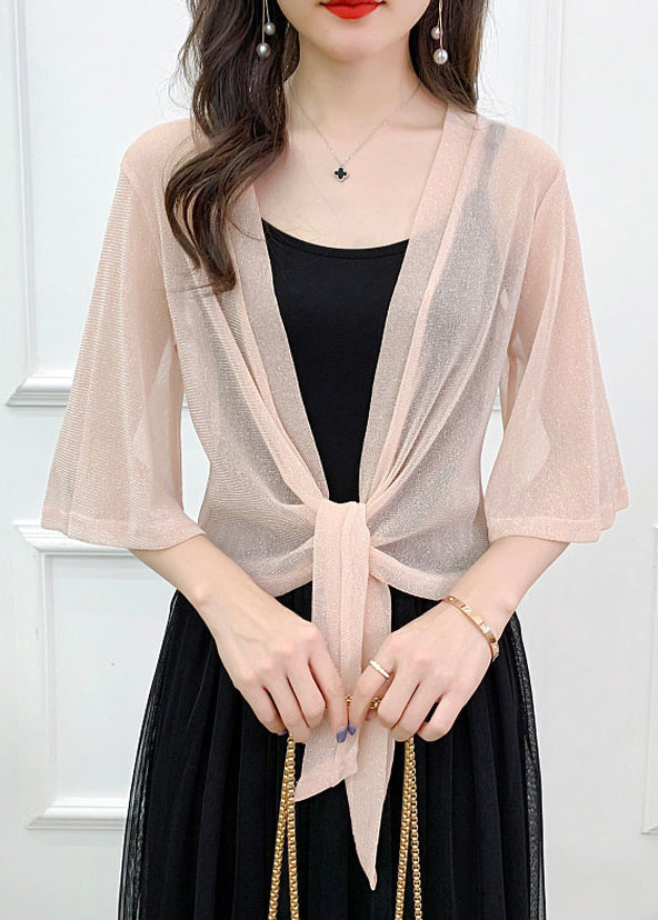 Pink Bright Silk Lace Up Tulle Cardigan Summer As1019