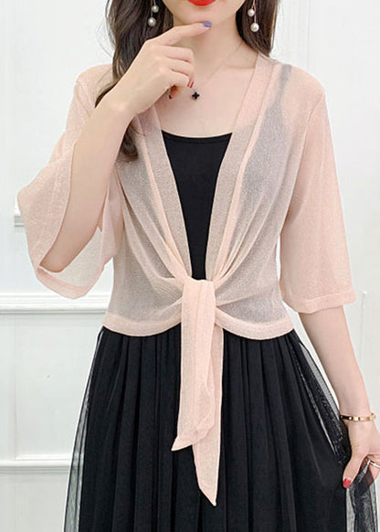 Pink Bright Silk Lace Up Tulle Cardigan Summer As1019