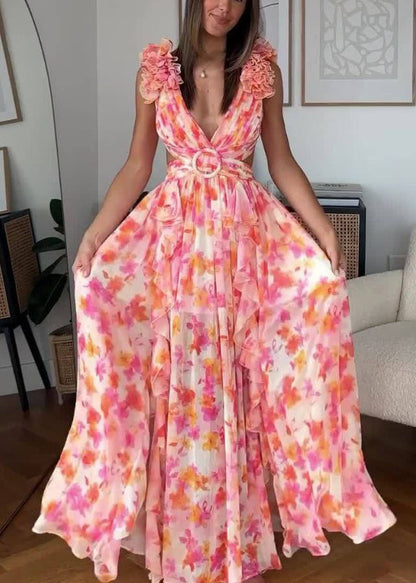 Pink Ruffled Print Lace Up Cotton Maxi Dress Sleeveless Bb060