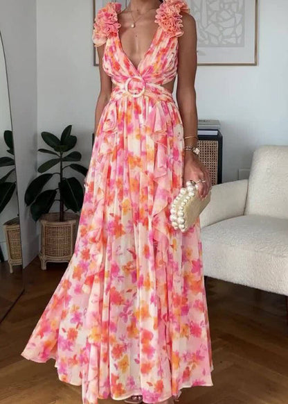 Pink Ruffled Print Lace Up Cotton Maxi Dress Sleeveless Bb060