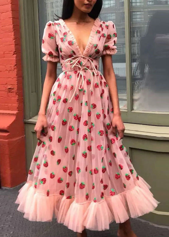 Pink V Neck Ruffled Lace Up Tulle Maxi Dresses Summer Aa1060