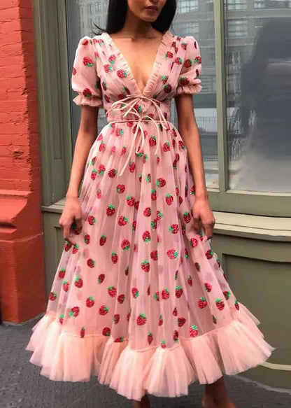 Pink V Neck Ruffled Lace Up Tulle Maxi Dresses Summer Aa1060