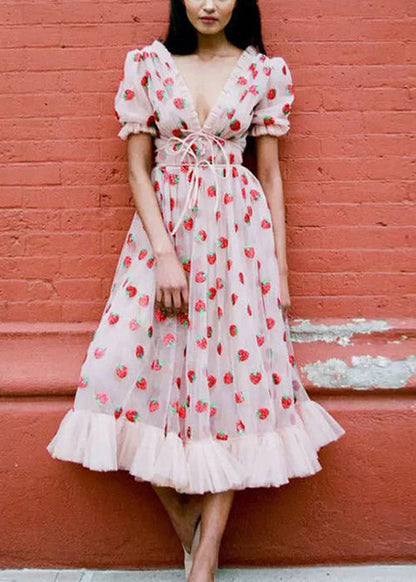Pink V Neck Ruffled Lace Up Tulle Maxi Dresses Summer Aa1060