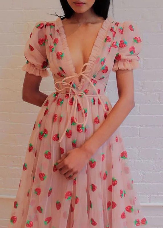 Pink V Neck Ruffled Lace Up Tulle Maxi Dresses Summer Aa1060