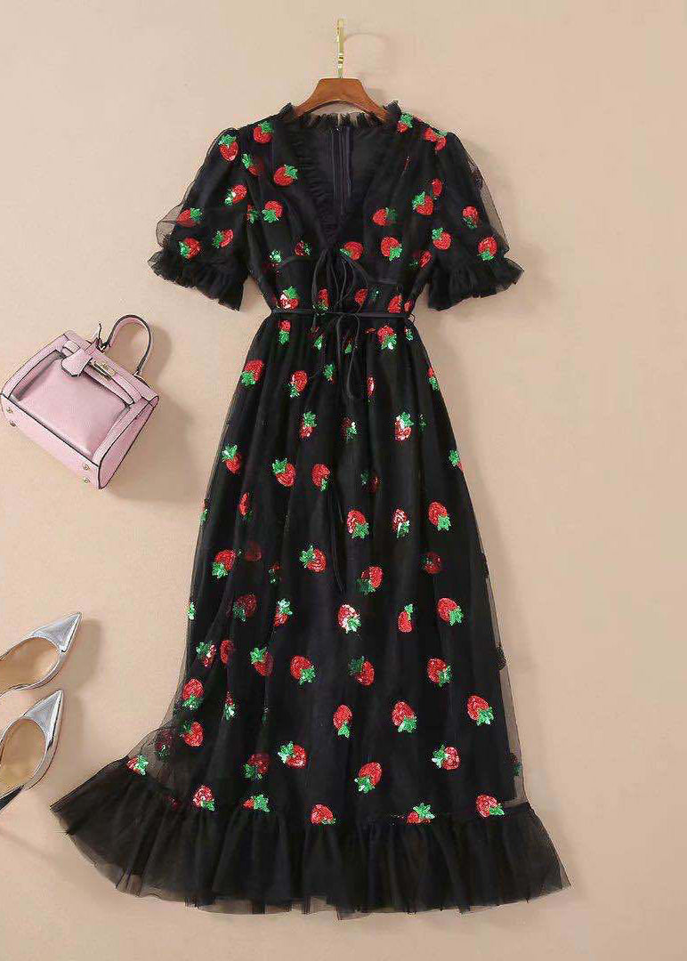 Pink V Neck Ruffled Lace Up Tulle Maxi Dresses Summer Aa1060