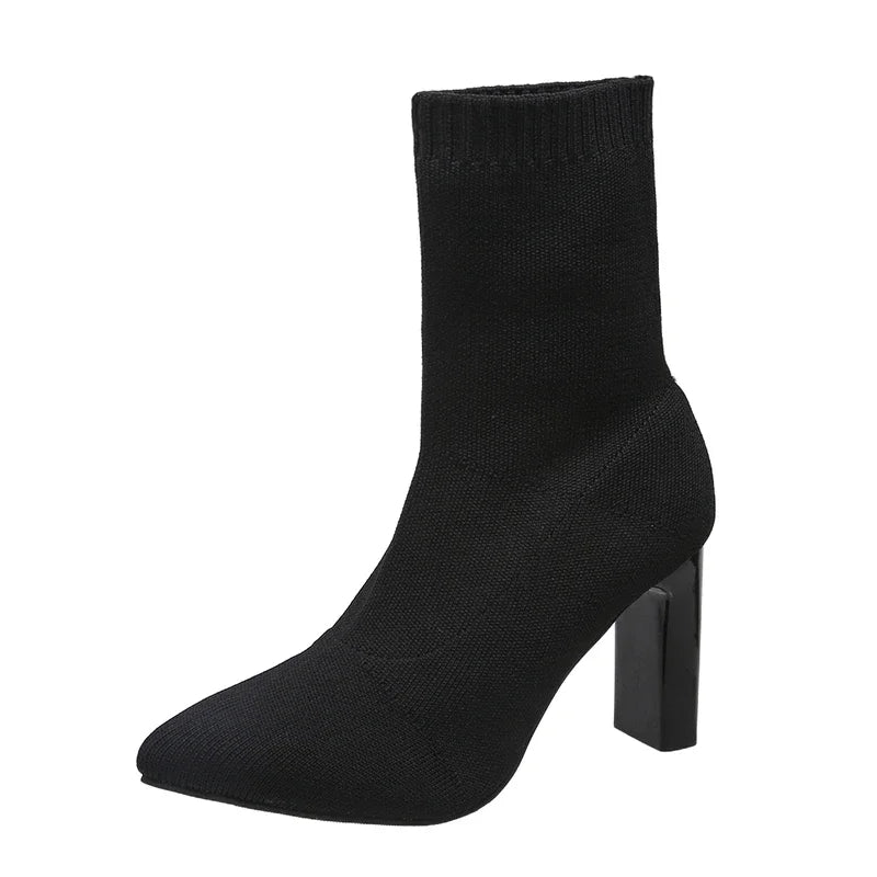 Pointed Toe Knitted Stretch Fabric Black Modern Ankle Boot