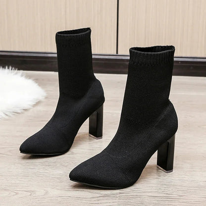 Pointed Toe Knitted Stretch Fabric Black Modern Ankle Boot