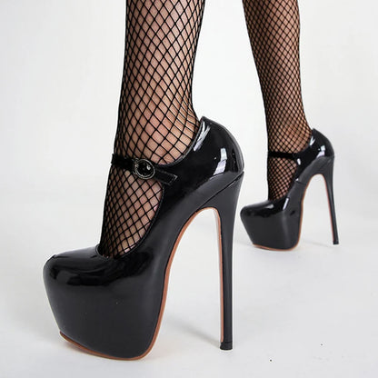 Red High Heels Platform Pumps 17cm Runway Patent Leather Round Toe Buckle Strap Party Wedding Stripper Shoes