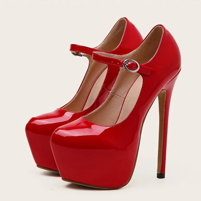Red High Heels Platform Pumps 17cm Runway Patent Leather Round Toe Buckle Strap Party Wedding Stripper Shoes