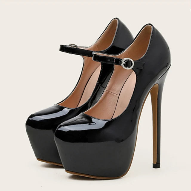 Red High Heels Platform Pumps 17cm Runway Patent Leather Round Toe Buckle Strap Party Wedding Stripper Shoes