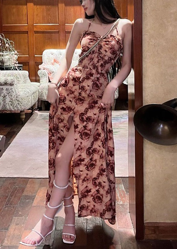 Red Ruffled Lace Up Print Cotton Long Dresses Sleeveless Az1050
