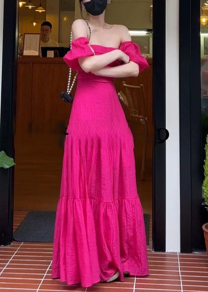 Rose Slash Neck Cotton Long Dresses Summer Az1045