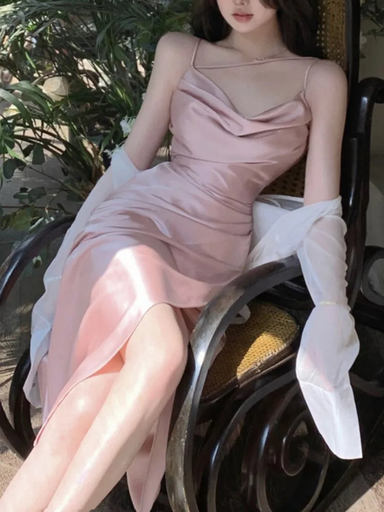 Satin Midi Dress New Summer Spaghetti Strap Slim Swinging Collar Split Evening Party Dresses Prom One Piece Vestido