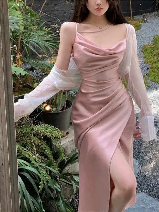 Satin Midi Dress New Summer Spaghetti Strap Slim Swinging Collar Split Evening Party Dresses Prom One Piece Vestido