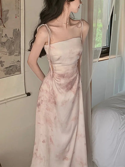 Spaghetti Strap Satin Midi Dress Hollow Out Slim Waist Summer Prom Roe One Piece Vestidos Mujer New