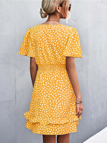 V Neck Mini Short Lotus Leaf Midi Dresses