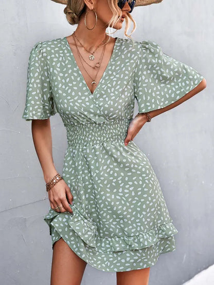 V Neck Mini Short Lotus Leaf Midi Dresses