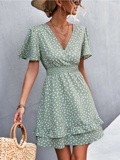 V Neck Mini Short Lotus Leaf Midi Dresses