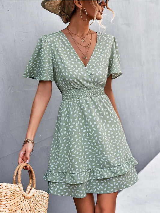 V Neck Mini Short Lotus Leaf Midi Dresses