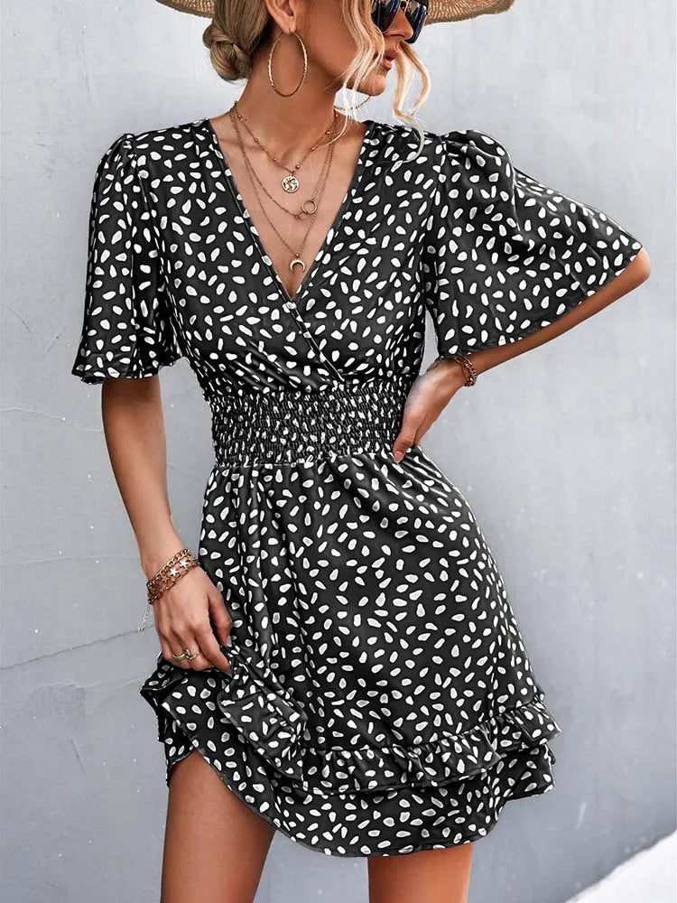 V Neck Mini Short Lotus Leaf Midi Dresses