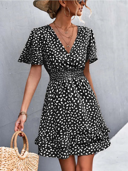V Neck Mini Short Lotus Leaf Midi Dresses