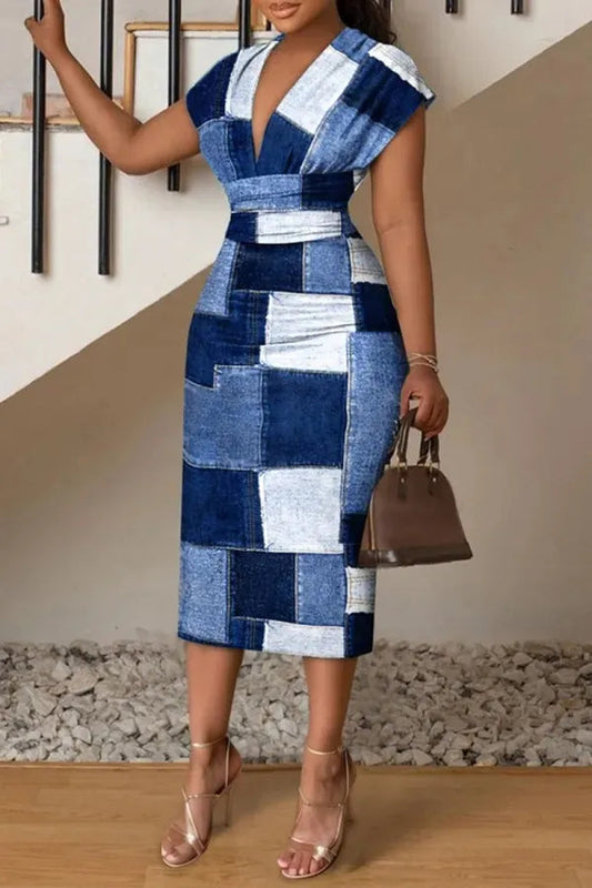 V Neck Sleeveless Wrap Dress Plaid Midi Dress
