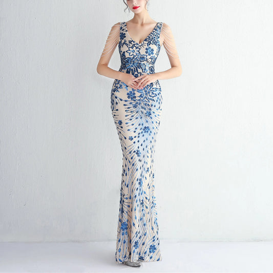 V-neck Sleeveless Dress With Stones and Crystals Sequins Tassel Party Dresses High Waisted Long Dress