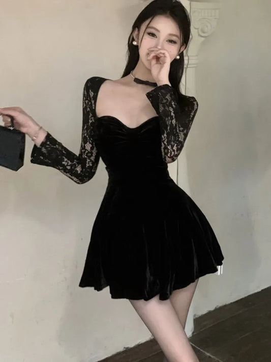Velet Mini Dress Mesh Pactwork Long Sleeves Square Collar High Waist A-line Autumn Spring Evening Party Vestidos New