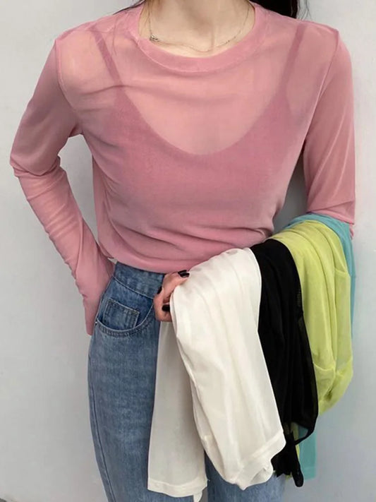 T Shirt See Through Transparent Mesh Tops Long Sleeve T-shirt Pink Green Top Basic Tops for