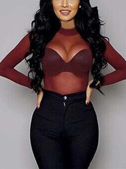 T Shirt See Through Transparent Mesh Tops Long Sleeve Sheer Slim Turtleneck T-shirt