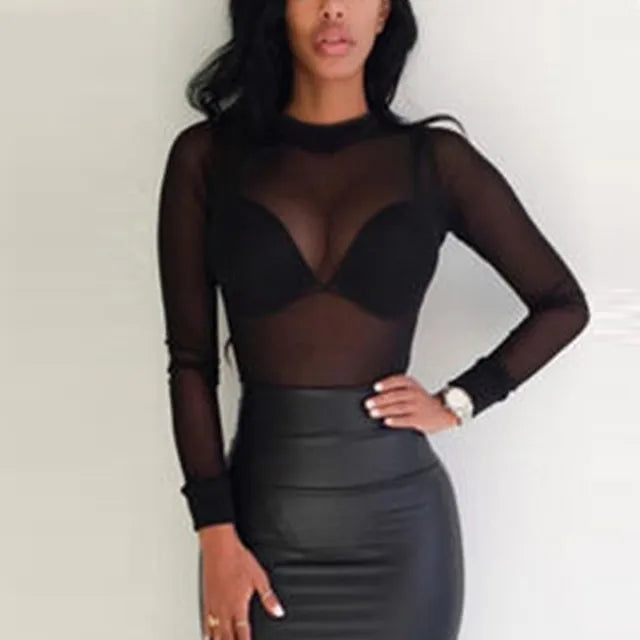 T Shirt See Through Transparent Mesh Tops Long Sleeve Sheer Slim Turtleneck T-shirt