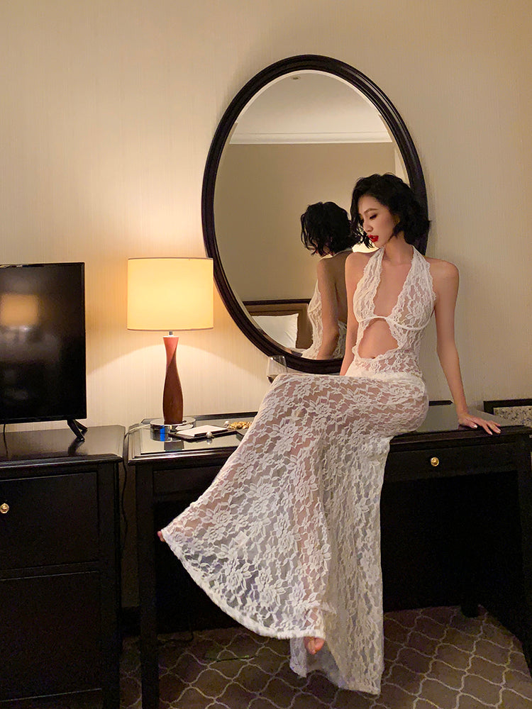 Lace Halter Backless Maxi Dress