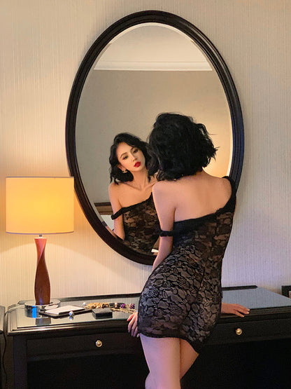 Lace Off-shoulder Sheer Mini Dress
