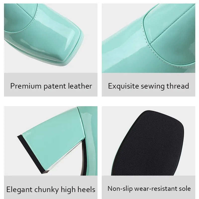 Mint Green White Patent Leather Knee High Boots Square High Heels Waterproof Platform Party Fetish Shoes 42 43