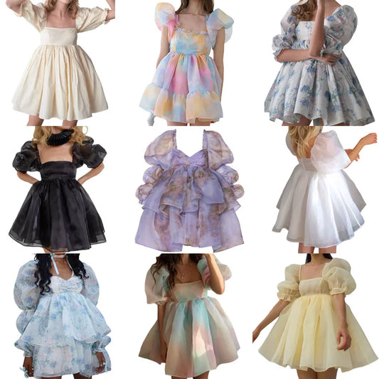 Kawaii Puff Sleeve Tulle Princess Dress Off Shoulder Square Collar Mini Dress Puffy Mesh Party Prom Evening Dress