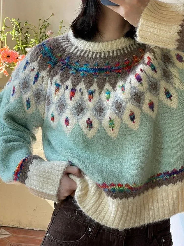 Argyle Knit ‘s Sweaters Harajuku Rainbow Color Long Sleeve Pullovers Japan Style Cutecore Winter Clothes