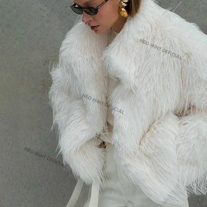 Winter Fluffy Faux Fur Coat Brand Tassels Furry Turkey Fur Jacket Loose Overcoat Outerwear