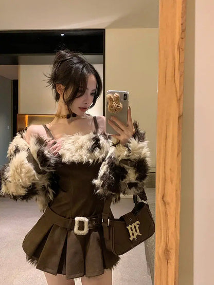 Autumn and Winter New Imitation Fur Leopard Pattern Fur Coat Waist Slimming Coffee Color Slip Dress Two Piece Set Outfits