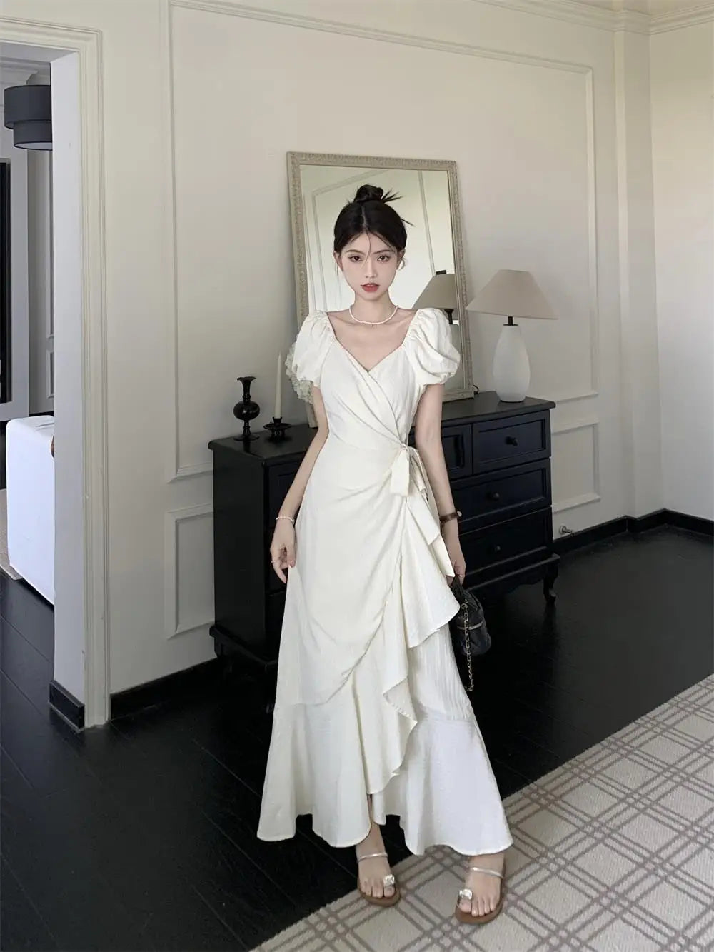 White Vneck Lace Up Short Sleeved Dress Summer New Lotus Leaf Edge Waist Cinching Slim Temperament Long Dresses