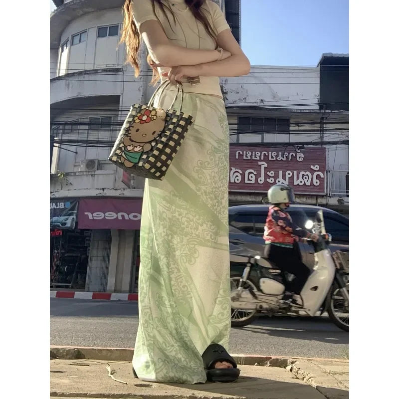 American Print Green Aline Skirt Summer New High Waist All Match Patchwork Midlength Skirt