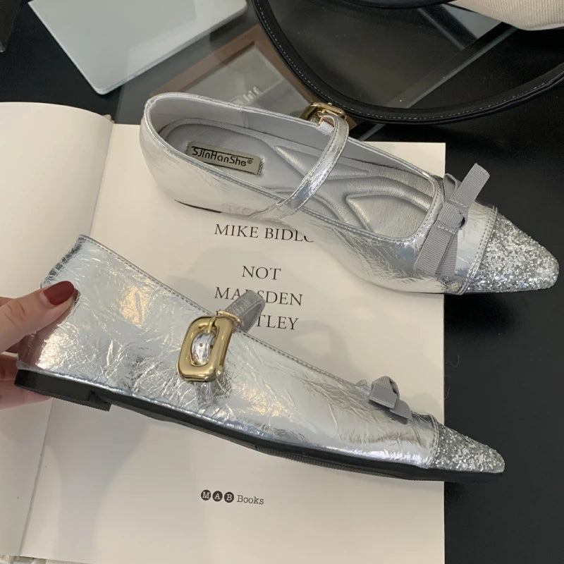 Bling Butterflyknot Mary Jane Shoes Flat Shoes Shallow Comfort Increased Internal Brand Dress Shoes